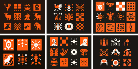 Poster - Collection of Orange and Black Tribal Symbols: A captivating collection of twelve unique tribal symbols, meticulously designed in a striking combination of orange and black.