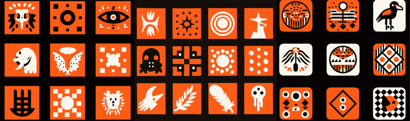 Poster - Native American Inspired Patterns: A collection of 30 unique Native American-inspired patterns, featuring symbolic designs in shades of orange and white. Ideal for textile design, web design.