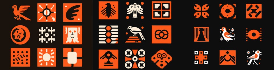 Poster - Geometric Bird Motifs: A collection of twenty-five unique geometric bird motifs in a repeating pattern, featuring a striking palette of orange and black.  Perfect for textile design, branding.