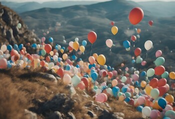 Wall Mural - balloons flying colorful mountain sport ballooning day panorama cloud balloon aircraft fog fly fair scenic bright float basket blue flight aerial nature air recreation adventure crop sky background