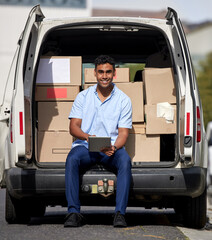 Poster - Tablet, van or portrait of delivery man with box, product or package for commercial shipping or business. Outdoor, driver or courier worker with online checklist, supply chain or distribution service