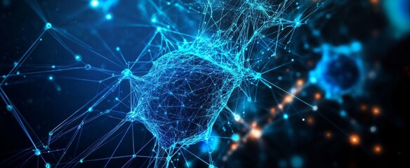Fototapete - Abstract Blue Neural Network Background with Glowing Connections Representing Artificial Intelligence and Data Transfer in Digital Space