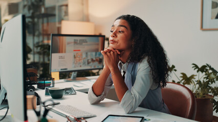 Poster - Business woman, thinking and night with computer for project deadline, tasks or agenda at office. Female person, web designer or employee working late in wonder for new design or software update