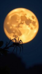 dark silhouette of a spider against a bright full moon, dark, fantasy