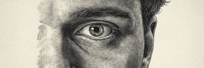 Poster - Engraved black and white portrait showcasing a vintage etching style with intricate details of a mans eye and facial features
