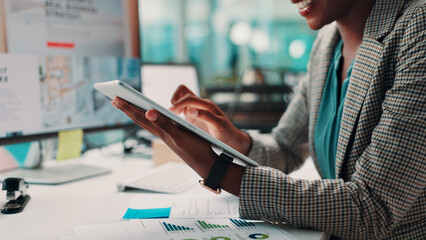 Poster - Tablet, typing and businesswoman in office with research for online review at magazine agency. Happy, digital technology and editor working on creative project for journalism career in workplace.