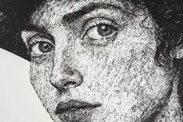 Aufkleber - Engraved black and white portrait with vintage etching style showcasing a classic depiction of a persons face with striking features