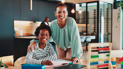 Aufkleber - Homework, home and portrait of mom with boy for online learning, education and maths lesson on tablet. Happy, African family and mother and child with abacus for school, knowledge and studying