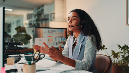Aufkleber - Video call, creative and business woman on computer for virtual meeting, talking or interview. Media agency, publishing office and person with headset for discussion, consultation or customer service