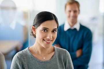 Aufkleber - portrait, woman and smile in office for start up project, consultant and happiness for collaboration