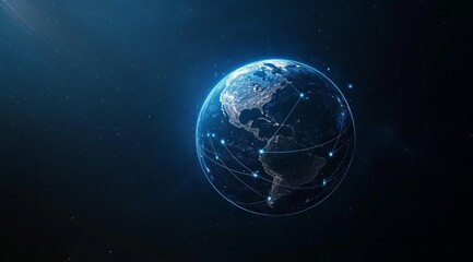 Fototapete - Abstract Planet Earth with Global Network Connectivity and Data Transfer Concept on Blue Background with Dark Gradient and Cinematic Lighting for Technology Banner
