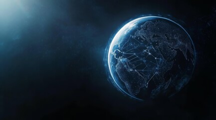 Fototapete - Abstract Planet Earth with Global Network Connectivity and Data Transfer Concept on Blue Background with Dark Gradient and Cinematic Lighting for Technology Banner