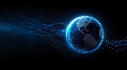 Fototapete - Abstract Planet Earth with Global Network Connectivity and Data Transfer Concept on Blue Background with Dark Gradient and Cinematic Lighting for Technology Banner