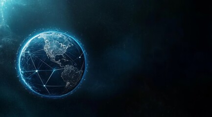 Fototapete - Abstract Planet Earth with Global Network Connectivity and Data Transfer Concept on Blue Background with Dark Gradient and Cinematic Lighting for Technology Banner