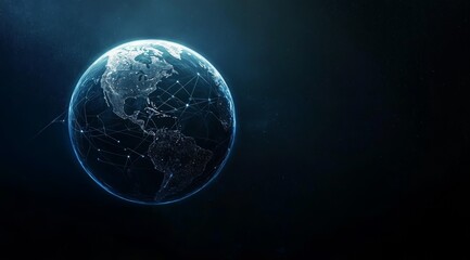 Fototapete - Abstract Planet Earth with Global Network Connectivity and Data Transfer Concept on Blue Background with Dark Gradient and Cinematic Lighting for Technology Banner