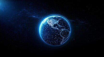 Fototapete - Abstract Planet Earth with Global Network Connectivity and Data Transfer Concept on Blue Background with Dark Gradient and Cinematic Lighting for Technology Banner