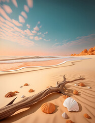 Poster - Serene beach scene with shells and driftwood under a colorful sky