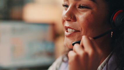 Leinwandbilder - Talking, receptionist or woman in call center with mic for appointment, contact support or business consulting. PA, secretary and assistant with headset, help or communication for booking schedule
