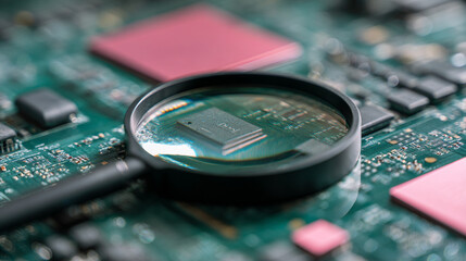 Poster - Computer motherboard repair and inspection with magnifying glass for circuit board analysis