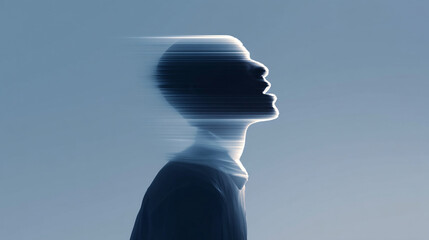 Poster - Abstract head profile silhouette with motion blur effect for mental health and technology concepts
