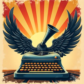 Bold retro-style poster illustration for World Press Freedom Day. Powerful visual of a typewriter with wings and megaphone, vintage colors, sun rays in the background.