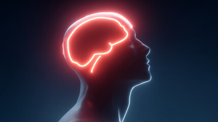 Poster - Brain health illustration glowing human head with brain activity for mental health awareness concept