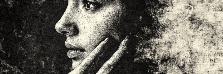 Poster - Engraved black and white portrait showcasing a thoughtful woman in vintage etching style with intricate textures