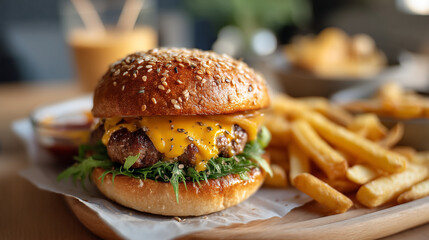 Aufkleber - delicious cheeseburger with sesame bun and crispy french fries served on a wooden tray for lunch or 