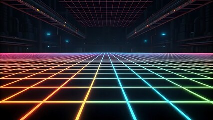 Poster - Neon grid floor in dark industrial space
