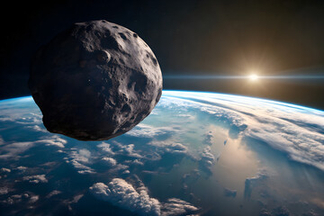 giant meteorito floating over earth in dark outer space before impact