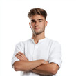 © ROni051 - Confident Young Man with Modern Haircut Crossing Arms – Isolated on White Background Stock Photo.
