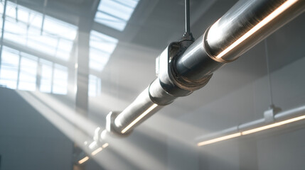 Aufkleber - Industrial lighting design steel pipe light fixture modern interior architecture bright sunlight streaming through