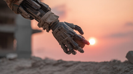 Poster - Robot hand reaching for the sun futuristic technology artificial intelligence concept wallpaper background