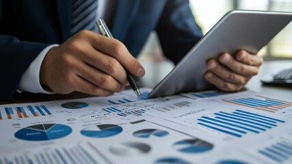Poster - Analyzing Business Data: Close-up of a businessman's hand meticulously reviewing a spreadsheet, utilizing a digital tablet and pen in a focused analysis of business data.