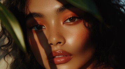 Poster - close-up portrait of a young woman with radiant skin and natural makeup against a backdrop of greene