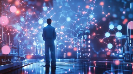 Poster - D animation of molecules interacting under the watchful eye of a scientist in a futuristic lab backdrop