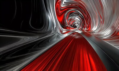Wall Mural - Abstract Spiral Tunnel Design with Red and Silver Swirls Creating a Fluid Motion Experience