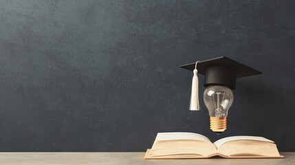 Poster - Creative Education Concept with Light Bulb and Graduation Cap Above Open Book on Dark Background