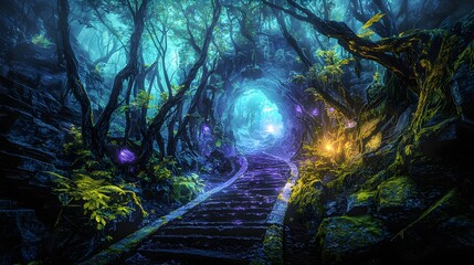 Wall Mural - Mysterious Forest Path Illuminated by Ethereal Light in a Lush Green Environment