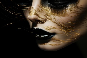 Poster - Minimalist outline of a face crafted with elegant gold threads on a black background