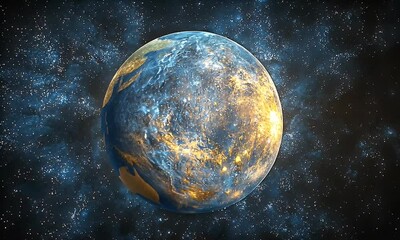 Wall Mural - Bright Glowing Planet Surrounded by Stars in a Dark Cosmic Background with Ethereal Light in Space