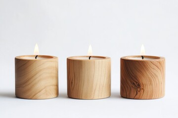 Wall Mural - Three wooden candle holders isolated on white background