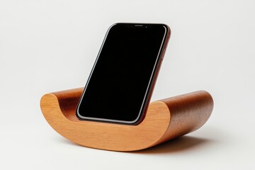 Wall Mural - Phone on wooden cradle stand isolated on white background