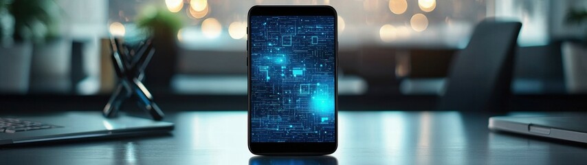 A smartphone displays a futuristic digital network interface on its screen in a modern office setting.