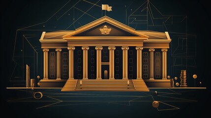Poster - Elegant bank building with gold accents against a dark background for a striking visual appeal