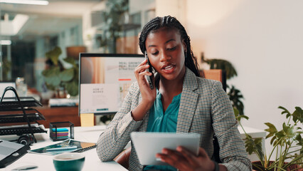 Aufkleber - Phone call, review and tablet with business black woman in office for administration or update. Conversation, feedback and proposal with serious African employee at desk in workplace for negotiation