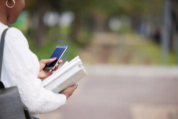 Poster - Student, smartphone and books or back outside, online and elearning college or university for internet communication. Education website, information and scrolling for social networking on mobile app