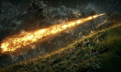 Wall Mural - Bright Meteor Fireball Illuminating The Night Sky Over A Lush Landscape Filled With Stars And Cosmic Elements Sparkling In The Background