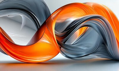 Wall Mural - Dynamic Abstract Fluid Forms in Orange and Gray Twisting Through a Minimalist Space with Smooth Surfaces and Gentle Reflection of Light