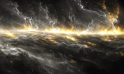 Wall Mural - Stunning Cosmic Scene Featuring a Brilliantly Illuminated Galaxy with Golden Light and Dark Swirling Patterns in the Depths of Space